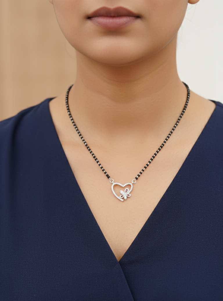 Anti Tarnish Silver Toned Heart Pendant Mangalsutra Necklace