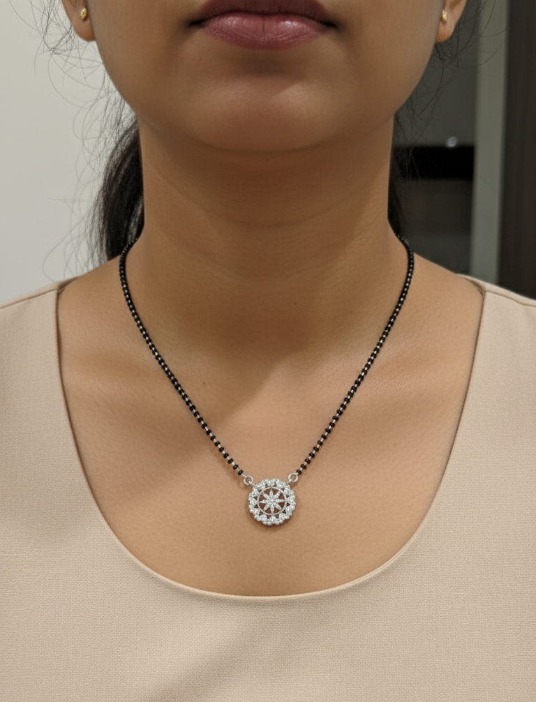 Anti Tarnish Silver Toned Round Pendant Mangalsutra Necklace