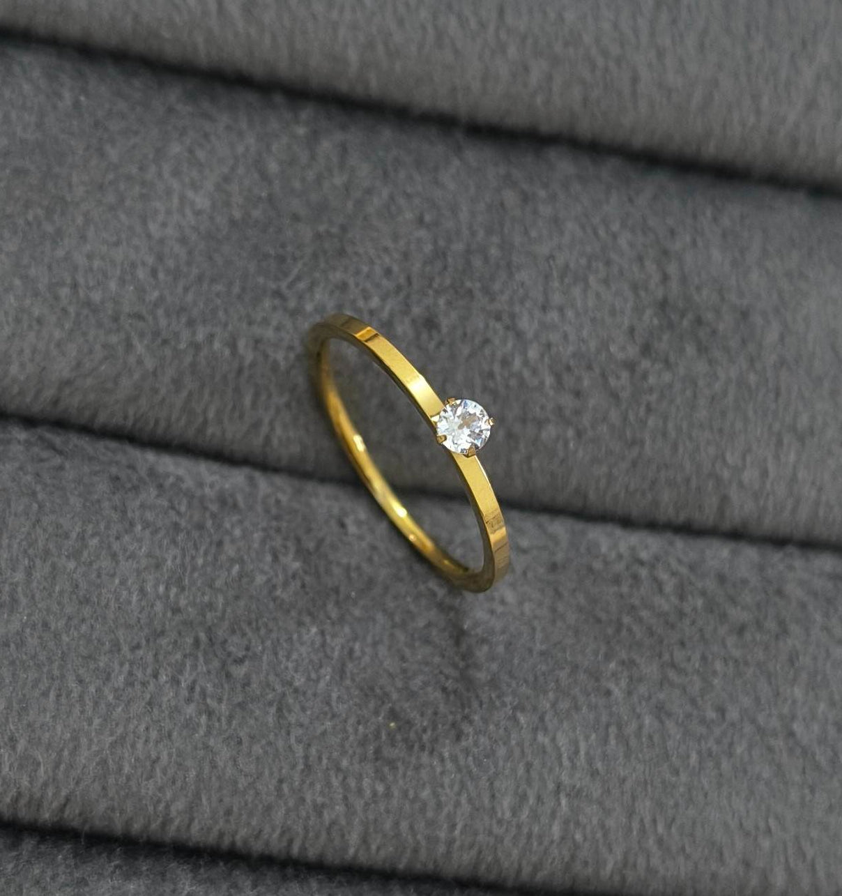 Anti Tarnish Sleek Band Solitaire Ring 18K Gold Plated