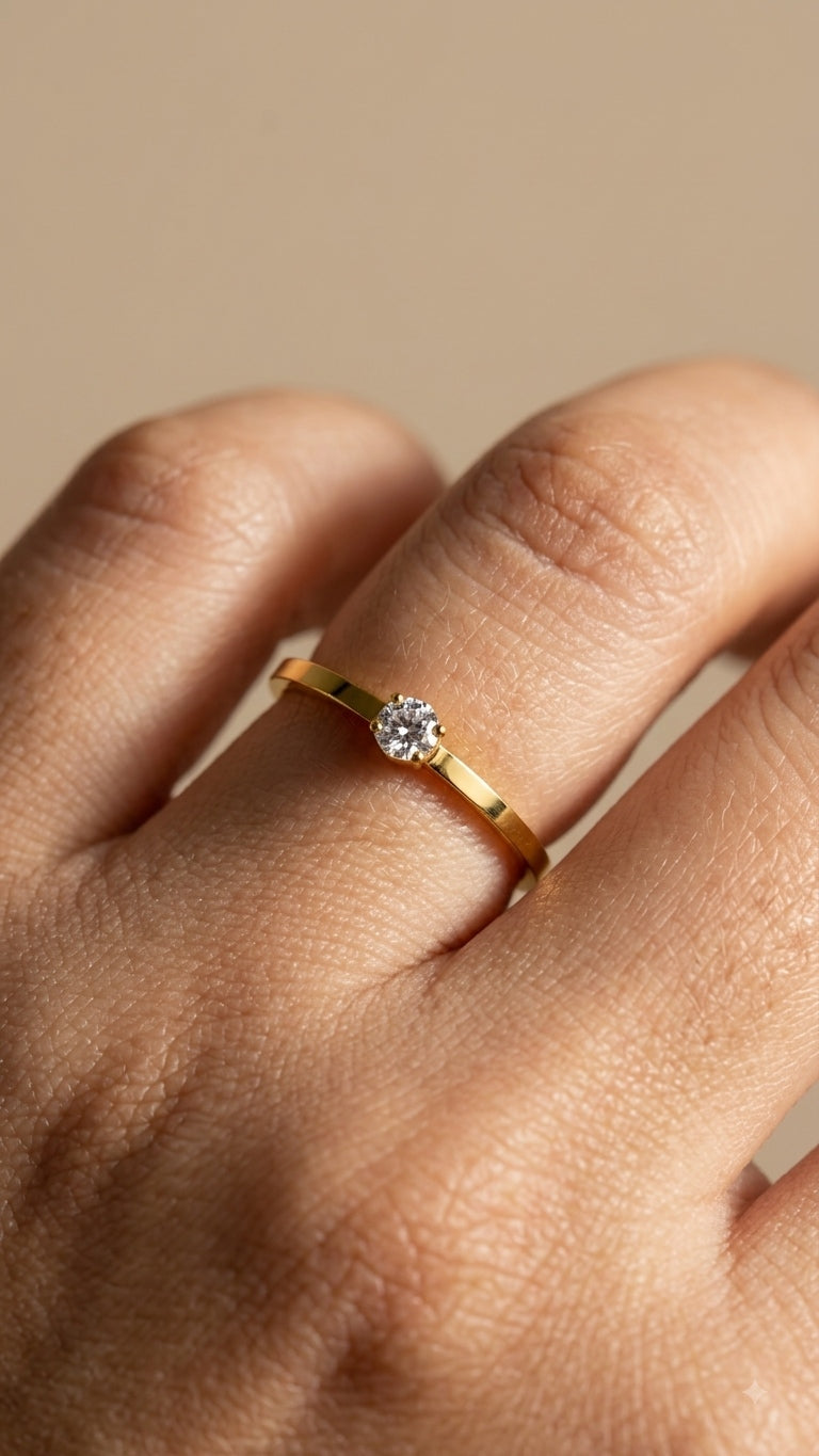 Anti Tarnish Sleek Band Solitaire Ring 18K Gold Plated