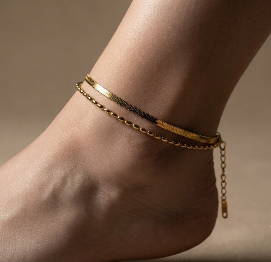 Anti Tarnish Snake Chain Beaded Anklet 18K Gold Plated