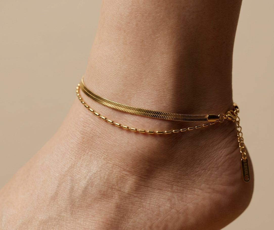 Anti Tarnish Snake Chain Beads Anklet 18K Gold Plated