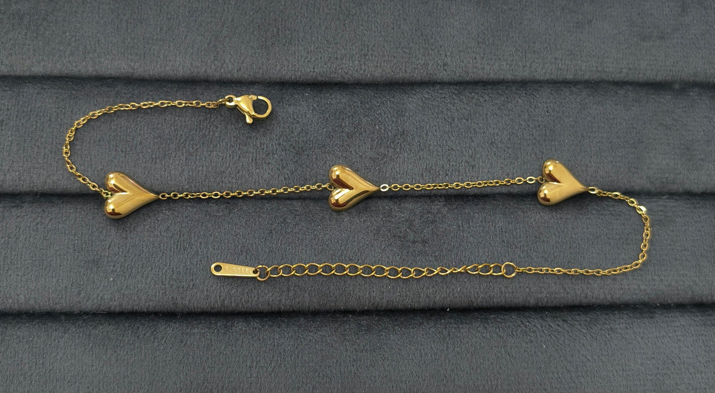 Anti Tarnish Solid Hearts Anklet 18K Gold Plated