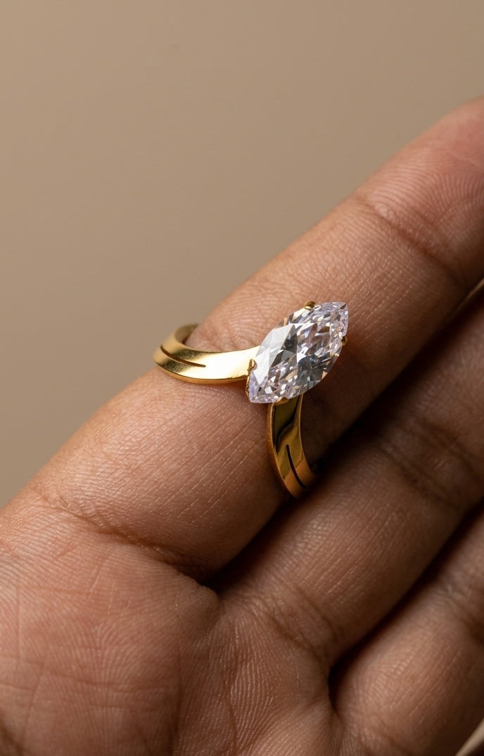 Anti Tarnish Solitaire Studded V shape Ring 18K Gold Plated