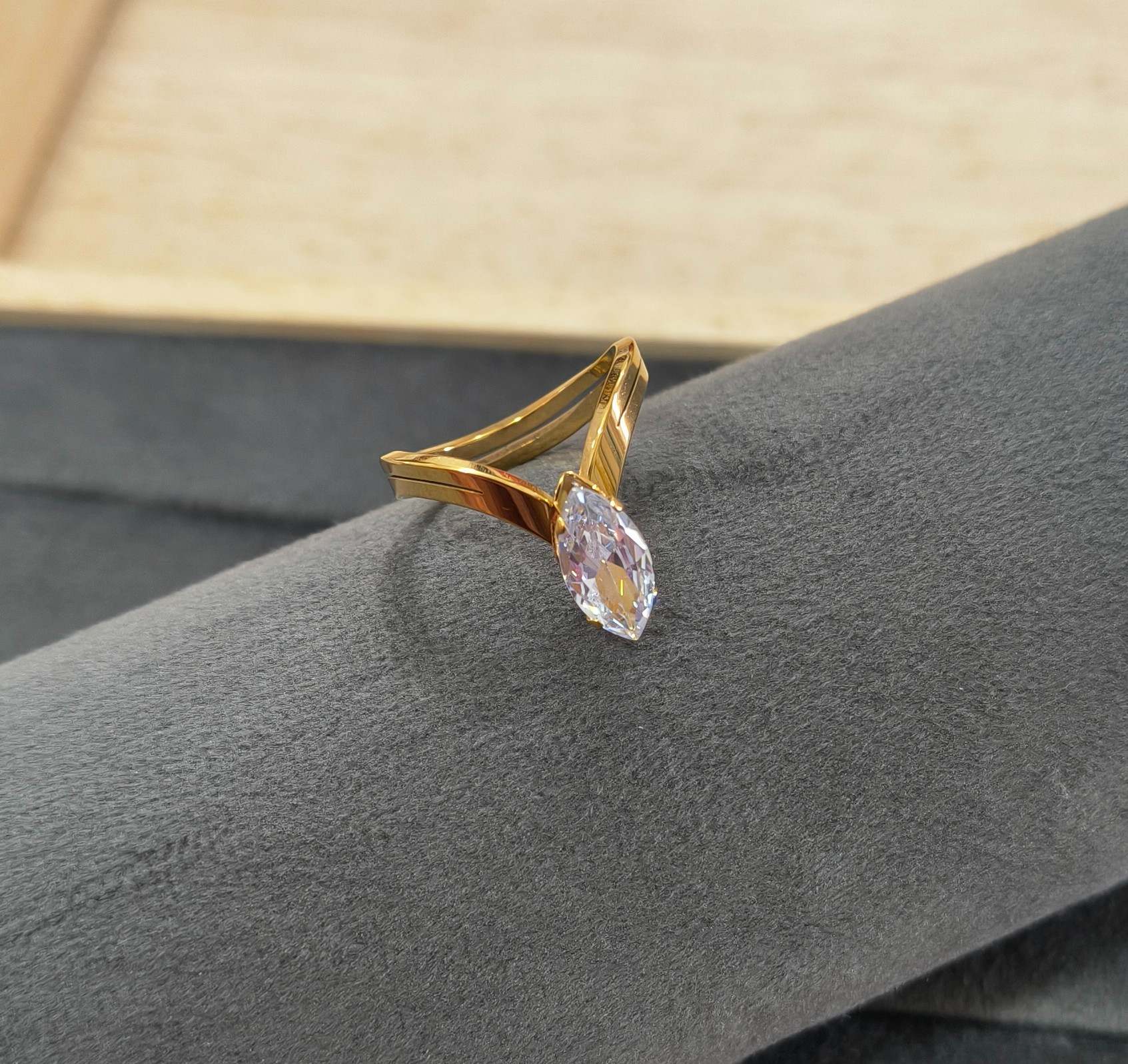 Anti Tarnish Solitaire Studded V shape Ring 18K Gold Plated