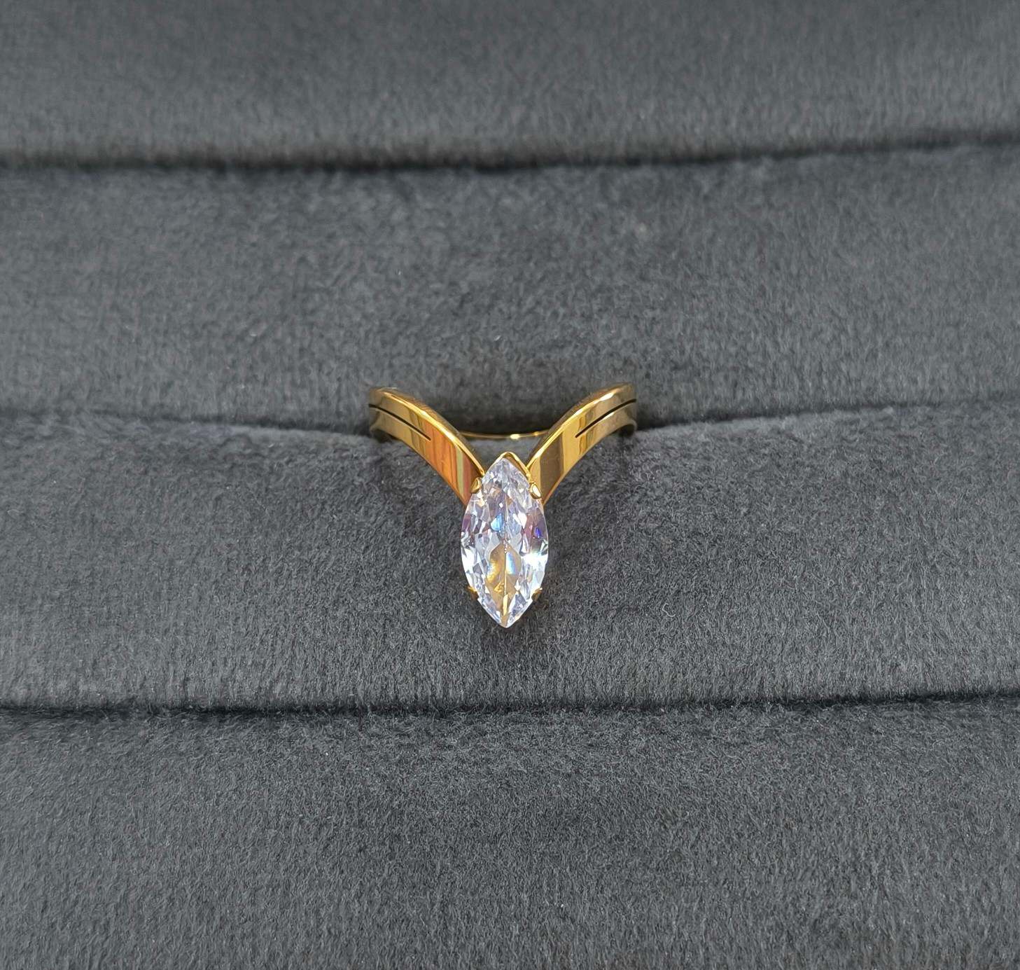 Anti Tarnish Solitaire Studded V shape Ring 18K Gold Plated