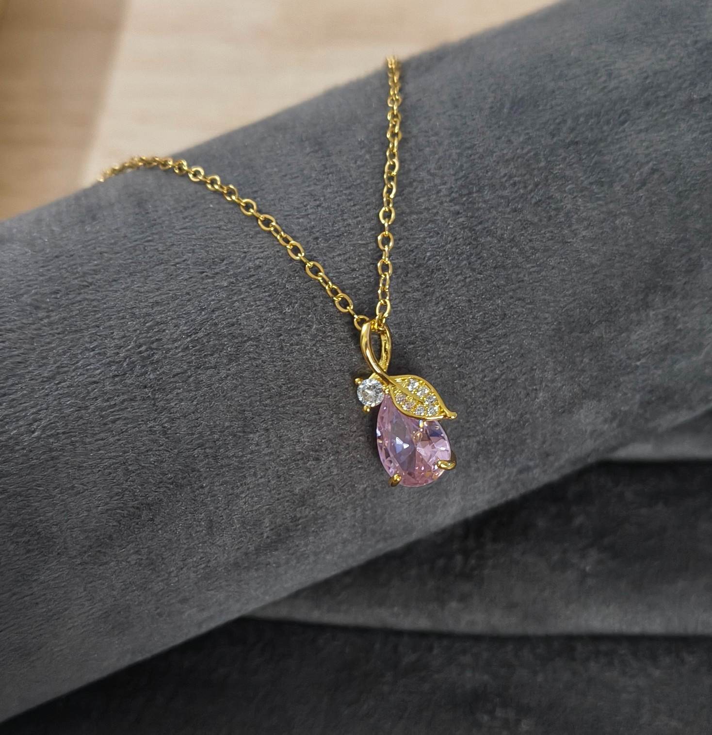 Anti Tarnish Sparkling Pink Crystal Necklace 18K Gold Plated