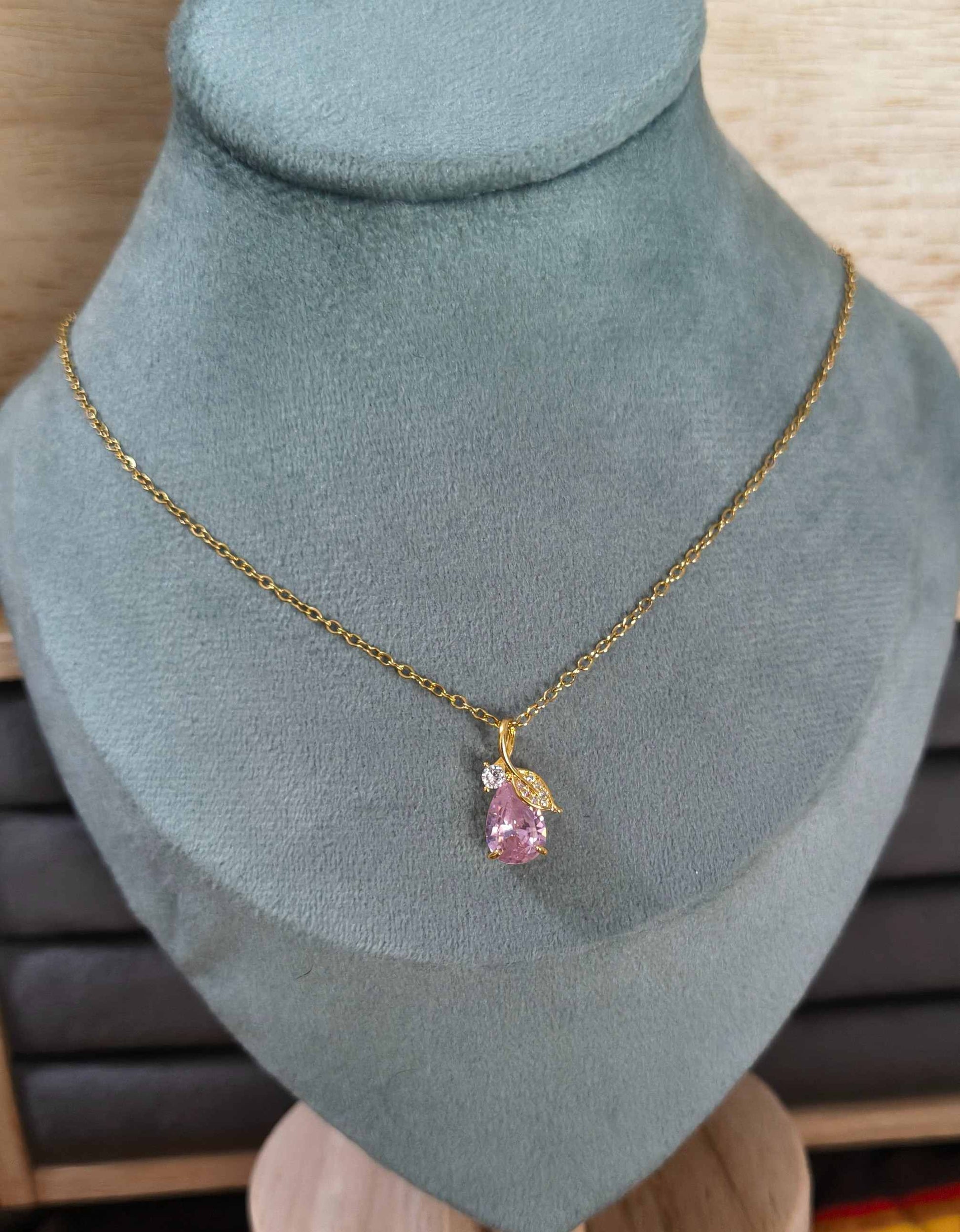 Anti Tarnish Sparkling Pink Crystal Necklace 18K Gold Plated