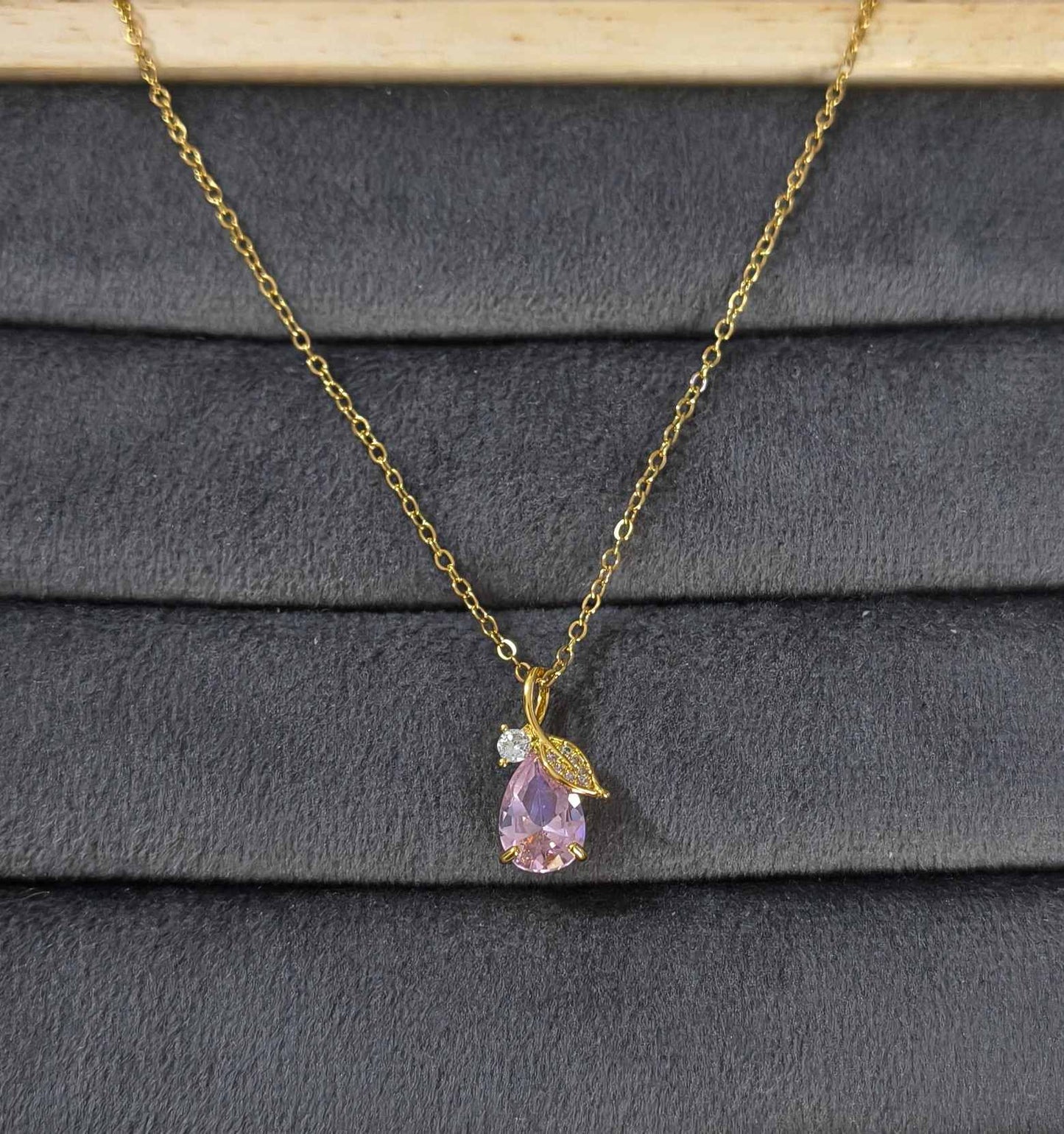Anti Tarnish Sparkling Pink Crystal Necklace 18K Gold Plated