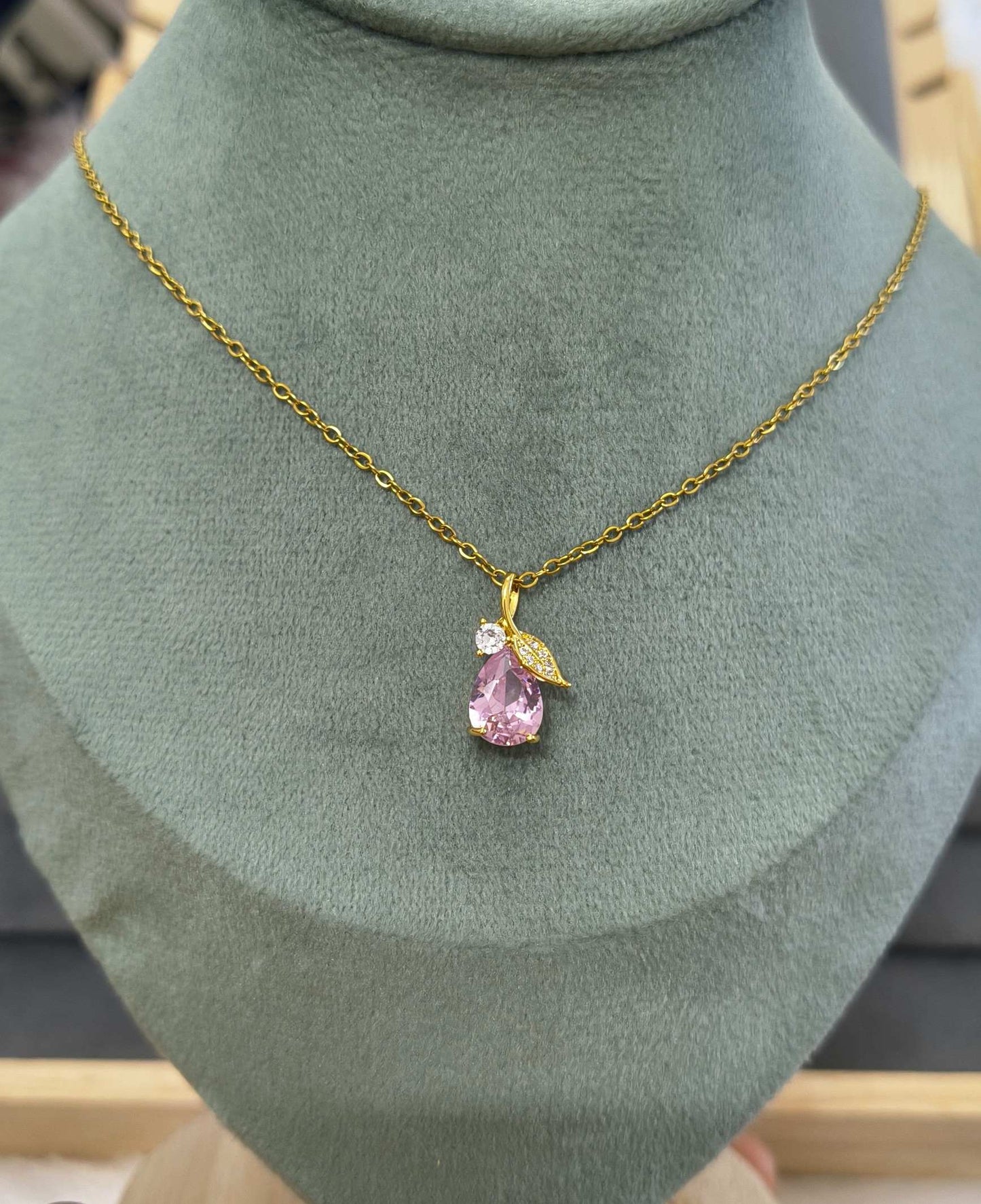 Anti Tarnish Sparkling Pink Crystal Necklace 18K Gold Plated