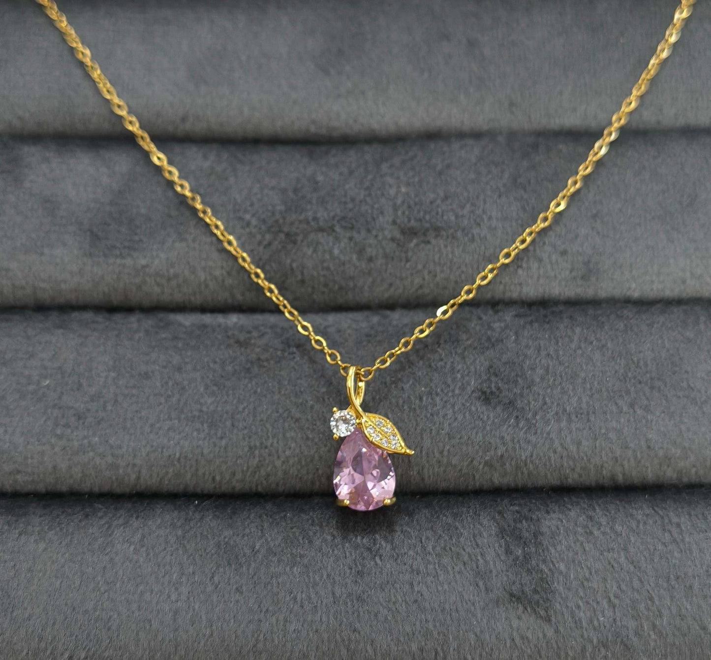 Anti Tarnish Sparkling Pink Crystal Necklace 18K Gold Plated
