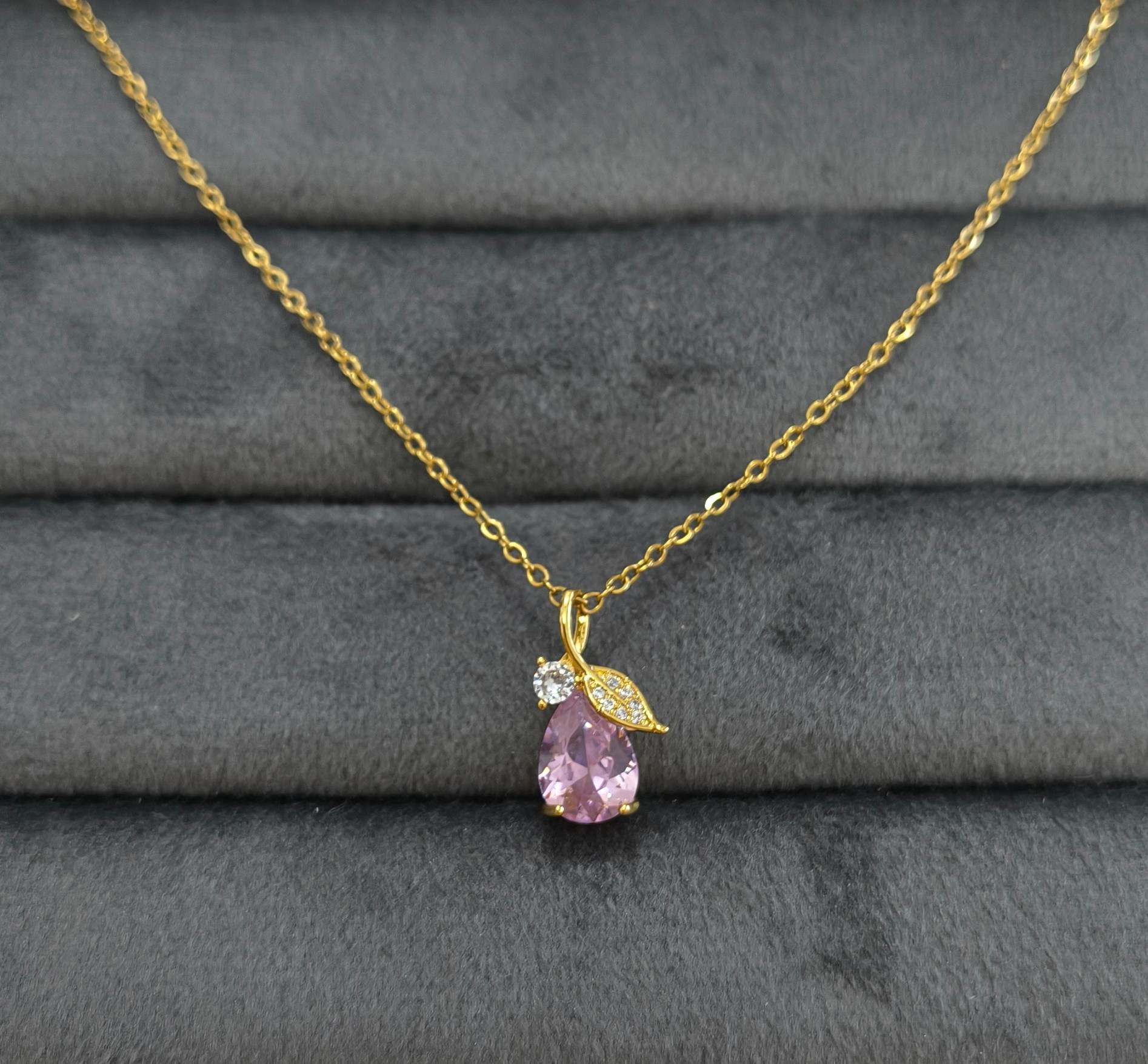 Anti Tarnish Sparkling Pink Crystal Necklace 18K Gold Plated