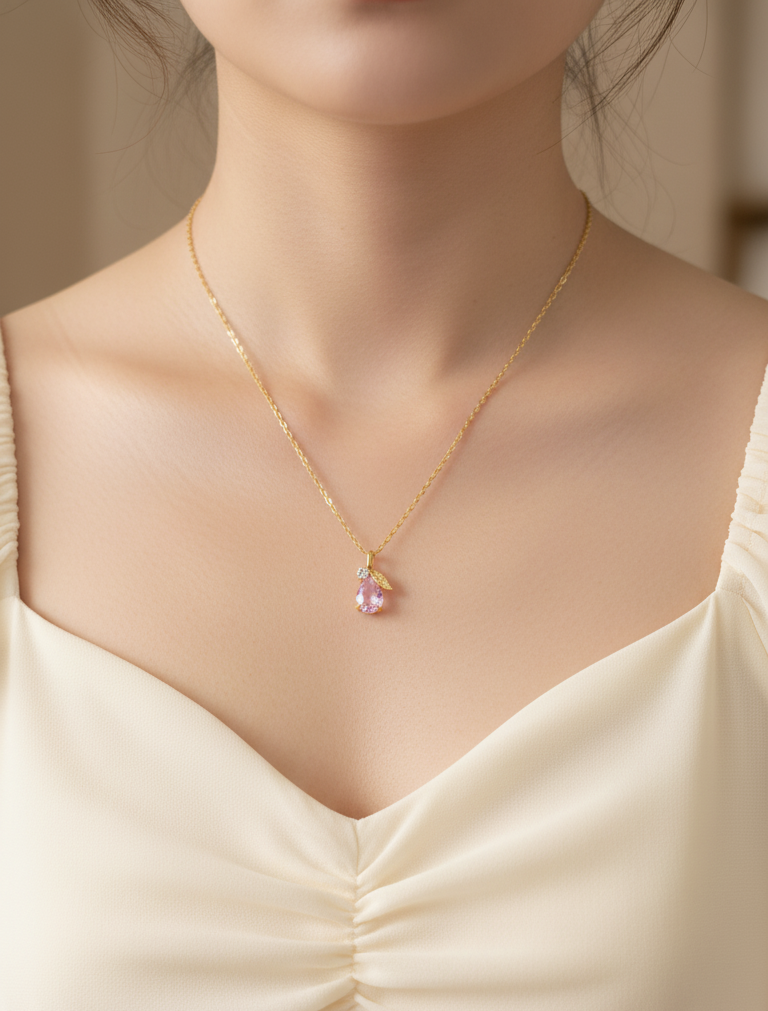 Anti Tarnish Sparkling Pink Crystal Necklace 18K Gold Plated