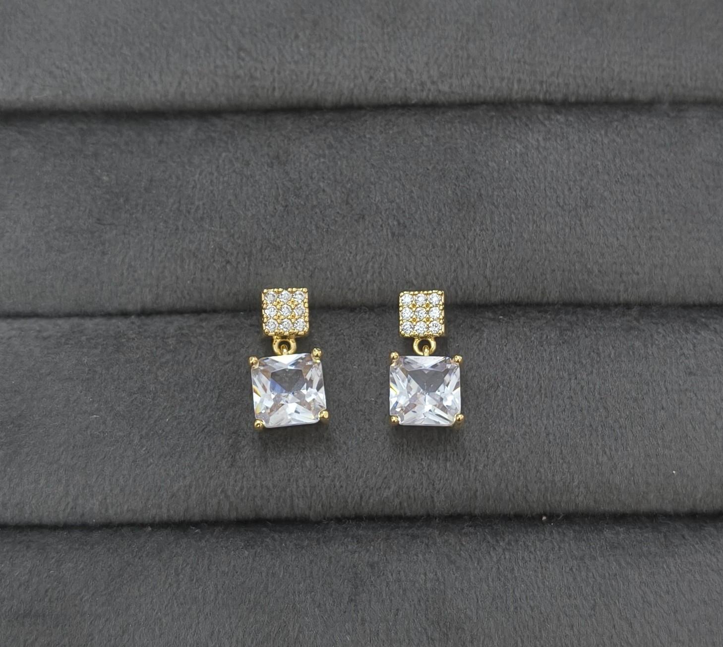 Anti Tarnish Square Diamond Drop Earrings 18K Gold Plated