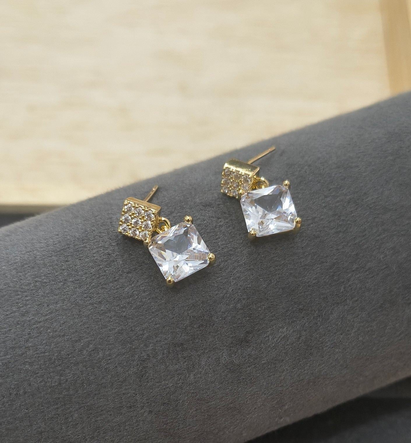 Anti Tarnish Square Diamond Drop Earrings 18K Gold Plated