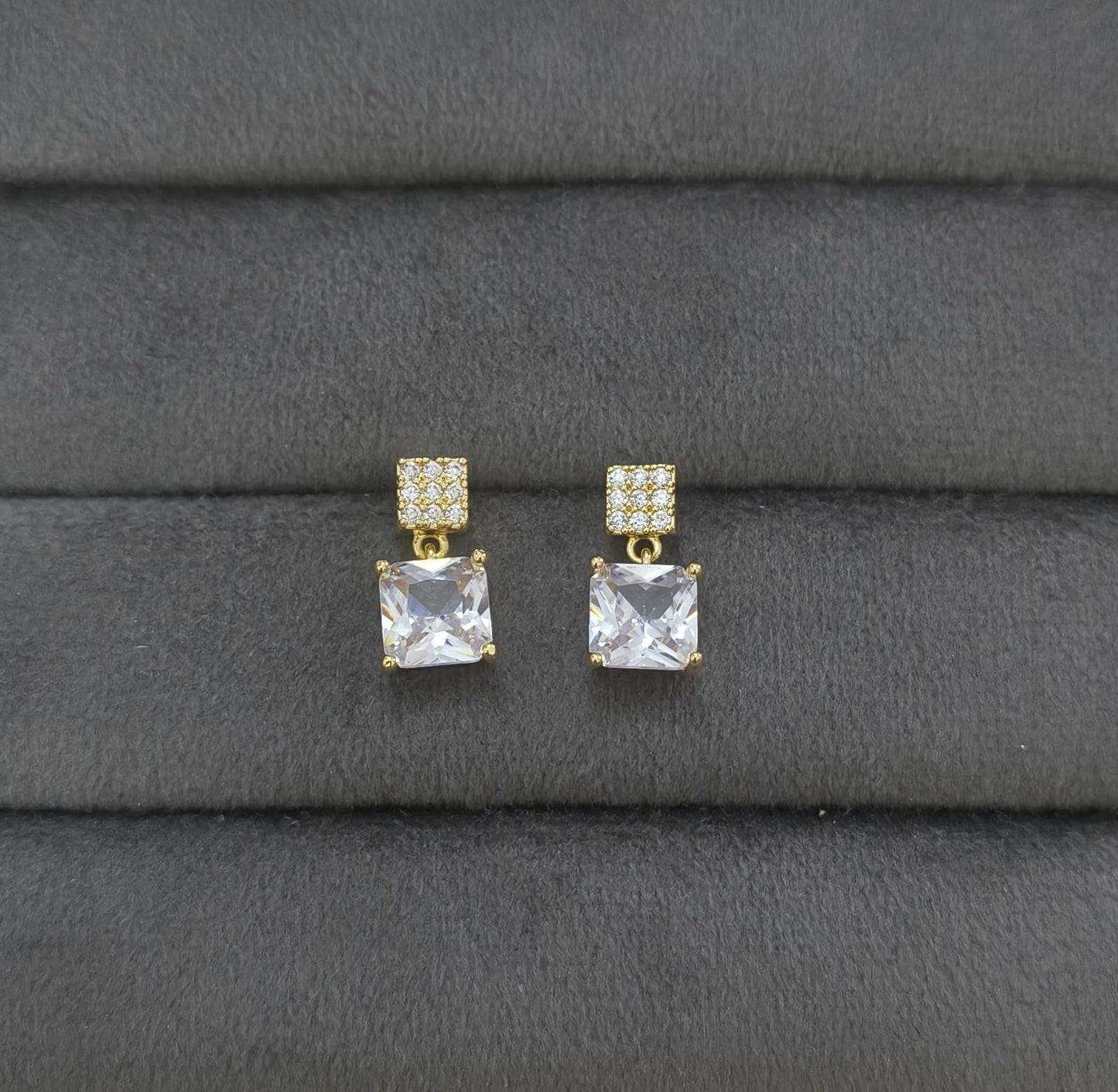 Anti Tarnish Square Diamond Drop Earrings 18K Gold Plated