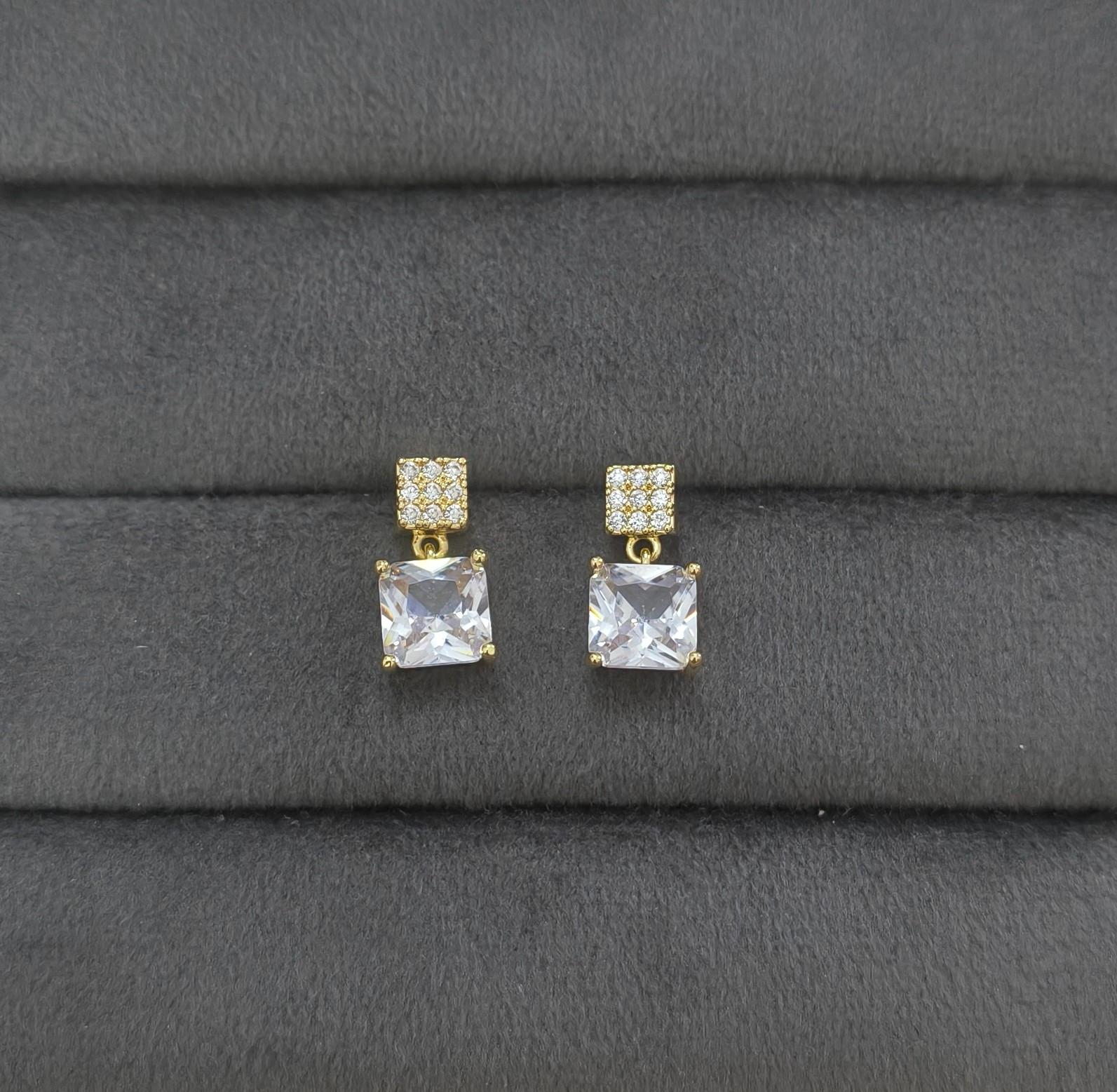 Anti Tarnish Square Diamond Drop Earrings 18K Gold Plated