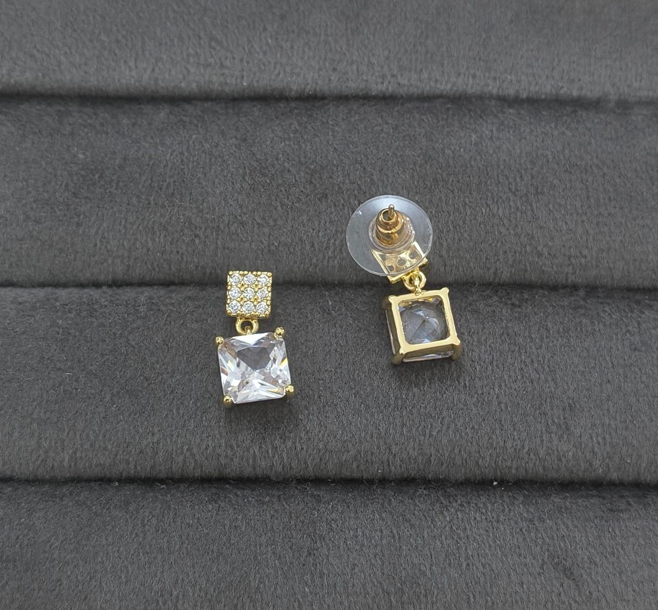 Anti Tarnish Square Diamond Drop Earrings 18K Gold Plated