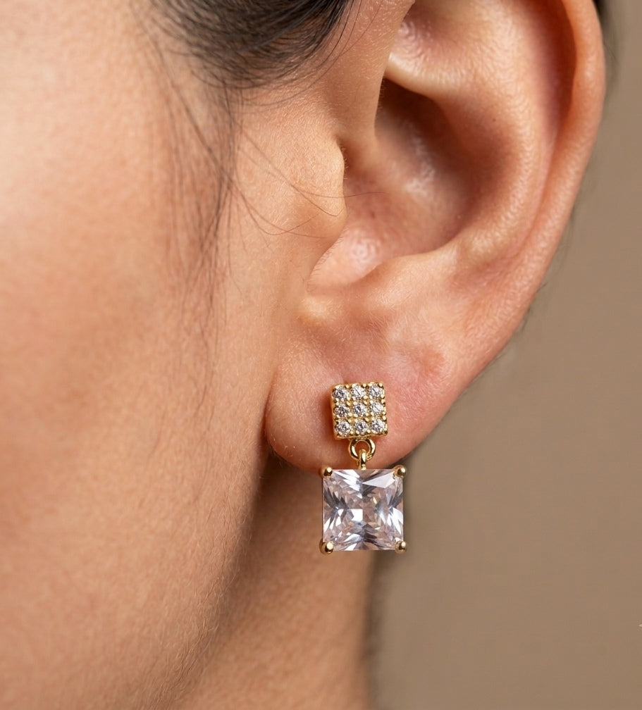 Anti Tarnish Square Diamond Drop Earrings 18K Gold Plated