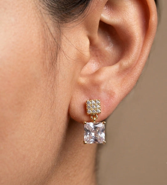 Anti Tarnish Square Diamond Drop Earrings 18K Gold Plated