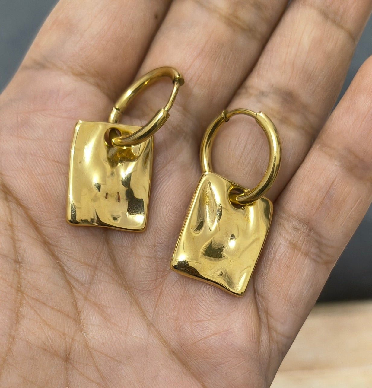 Anti Tarnish Square Drop Earrings 18K Gold Plated 