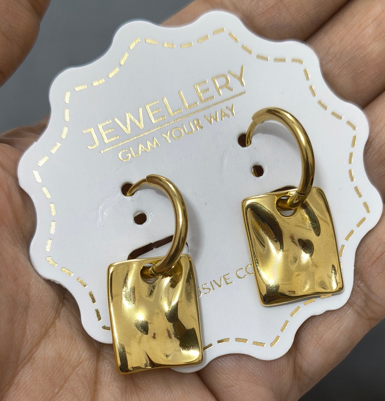 Anti Tarnish Square Drop Earrings 18K Gold Plated 