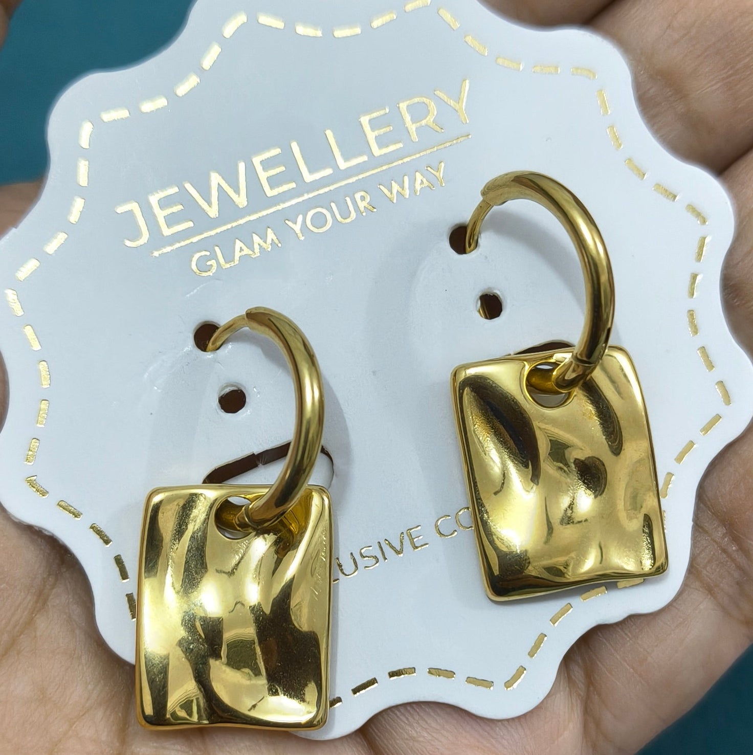 Anti Tarnish Square Drop Earrings 18K Gold Plated 