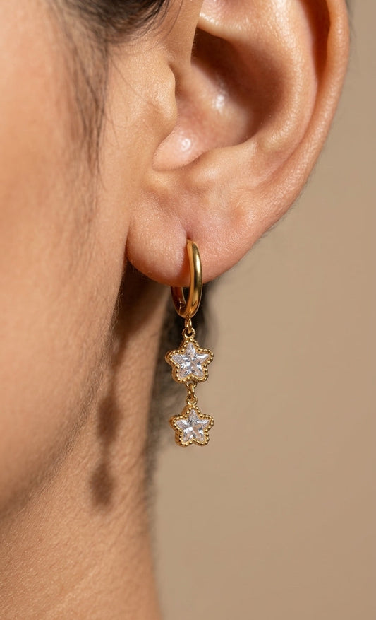 Anti Tarnish Star Drop Hoop Earrings 18K Gold Plated
