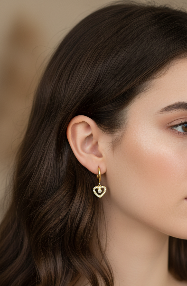 Anti Tarnish Stone Studded Heart Dangler Earrings 18K Gold Plated