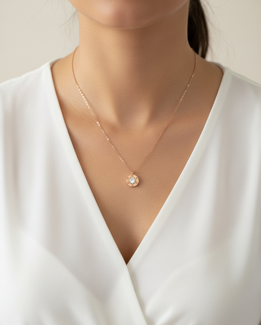 Anti Tarnish Stone Studded Rose Gold Pendant Necklace 18K Plated