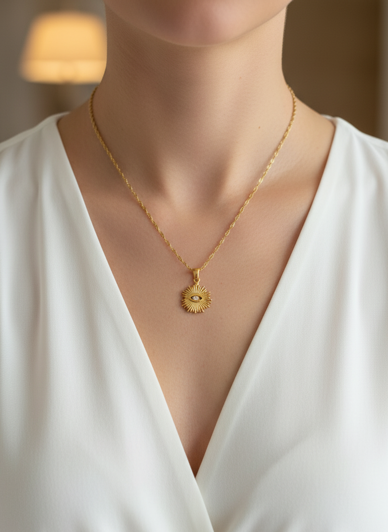 Anti Tarnish Sun Evil Eye Gold Pendant Necklace 18k PVD Plated