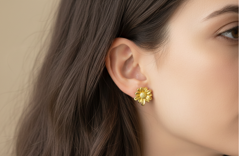 Anti Tarnish Sunflower Stud Earrings 18K Gold Plated