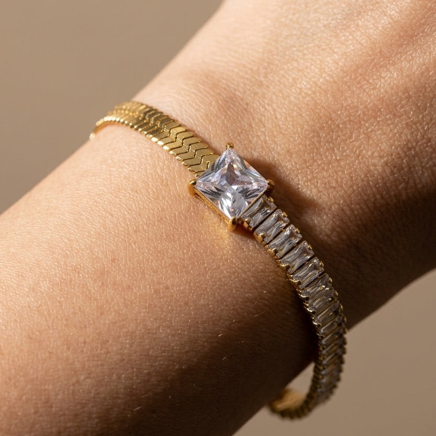 Anti Tarnish Tennis Bracelet Half Snake Chain 18K Gold