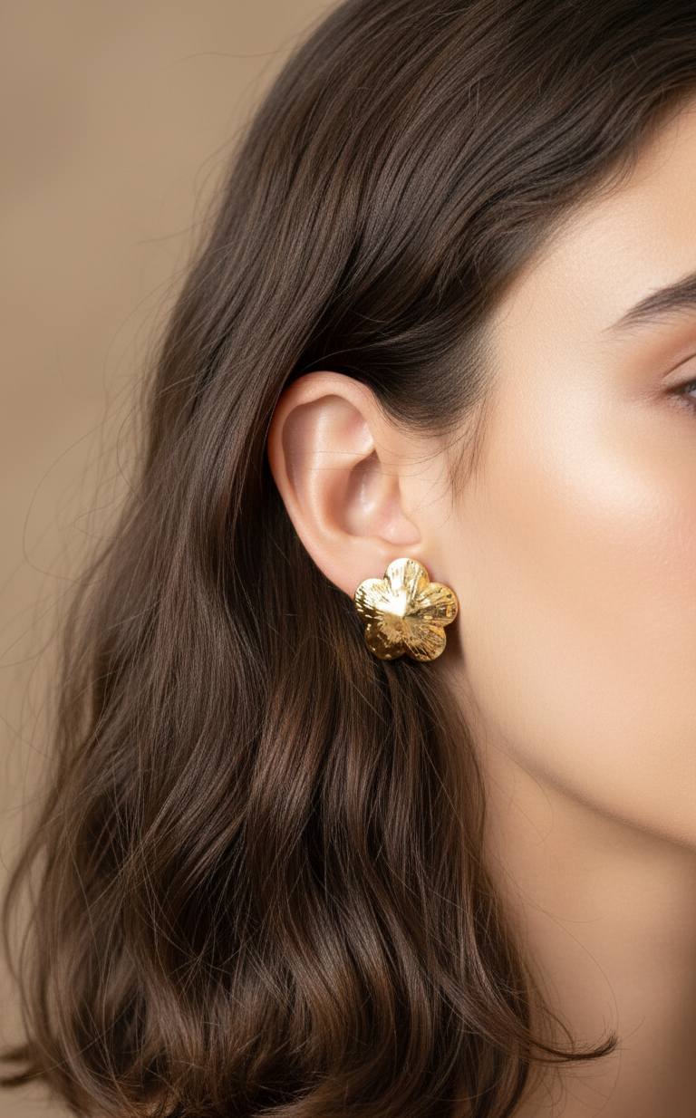 Anti Tarnish Textured Floral Stud Earrings 18K Gold Plated