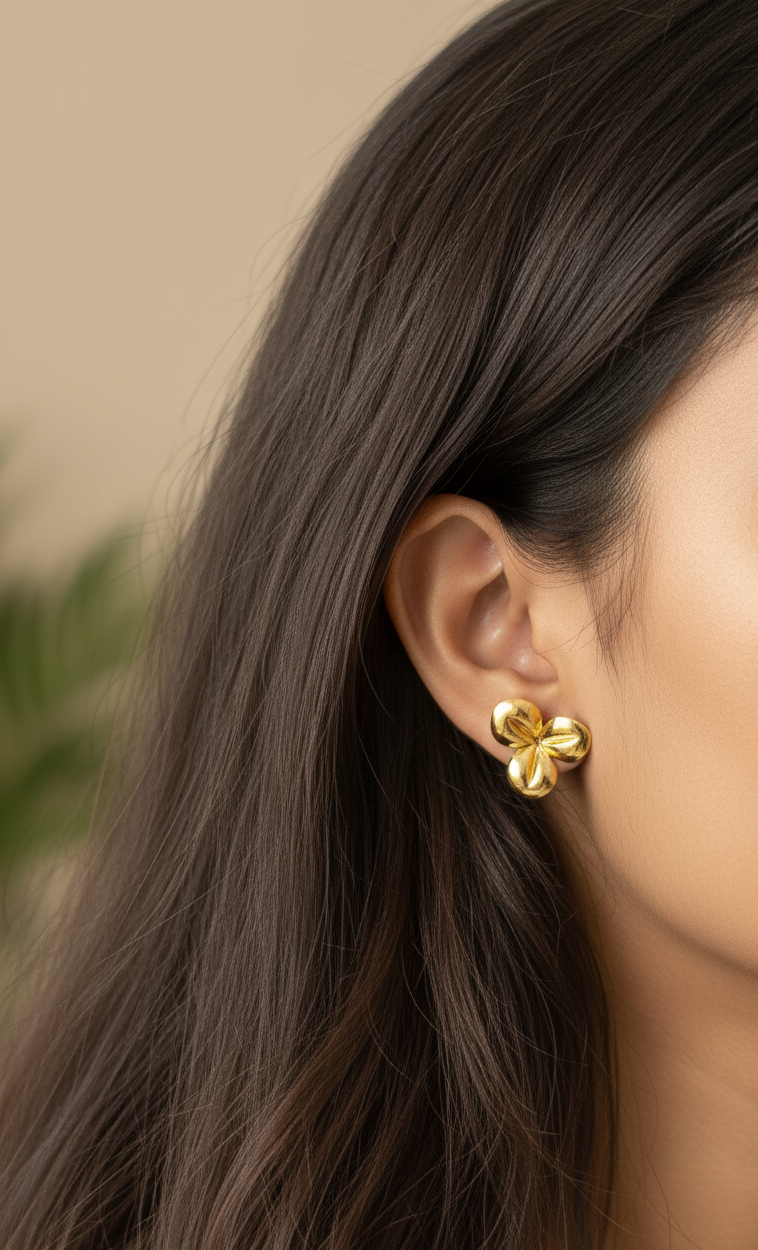 Anti Tarnish Three Leaf Stud Earrings 18K Gold Plated