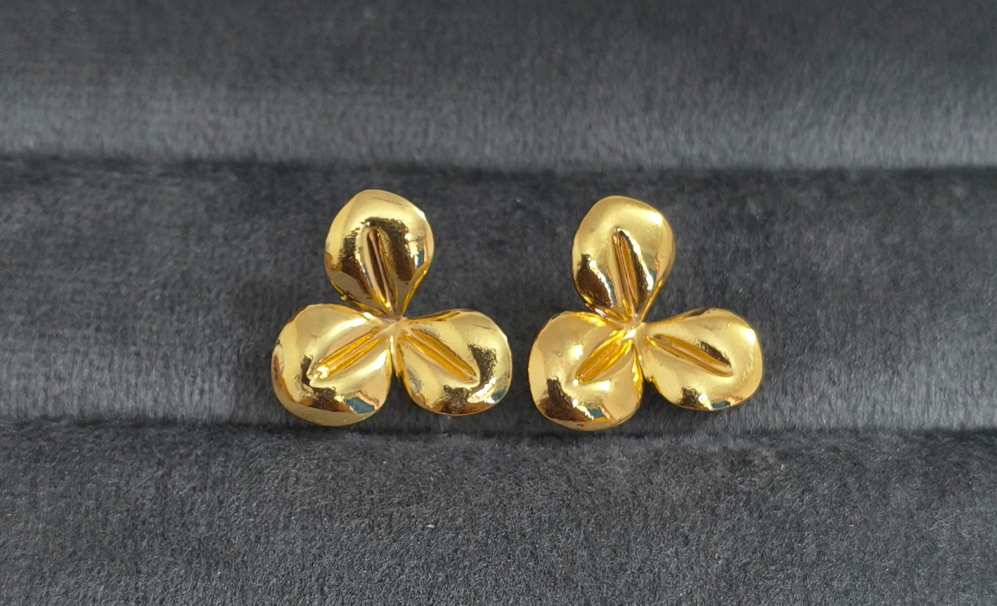 Anti Tarnish Three Leaf Stud Earrings 18K Gold Plated