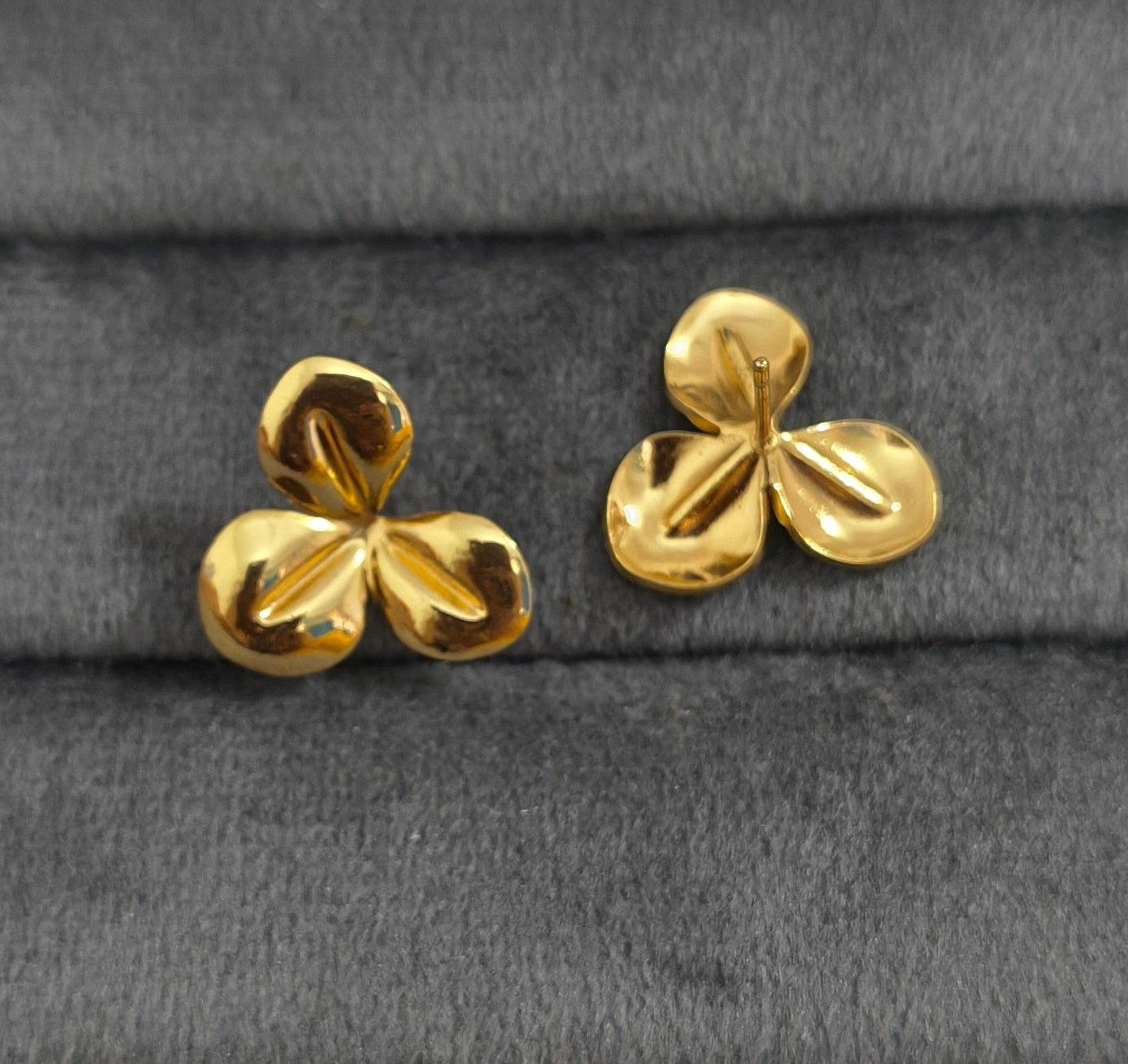 Anti Tarnish Three Leaf Stud Earrings 18K Gold Plated