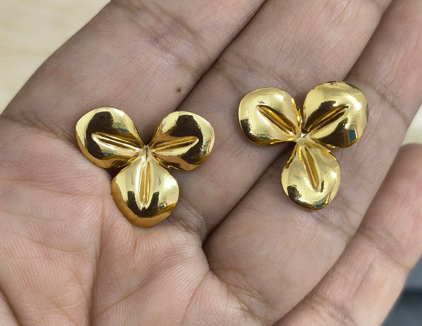 Anti Tarnish Three Leaf Stud Earrings 18K Gold Plated