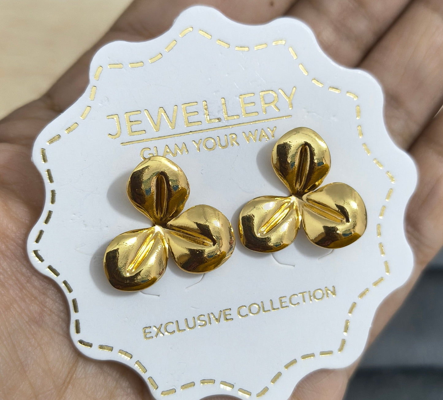 Anti Tarnish Three Leaf Stud Earrings 18K Gold Plated