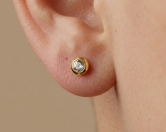Anti Tarnish Tiny Round Stone Studs 18K Gold Plated