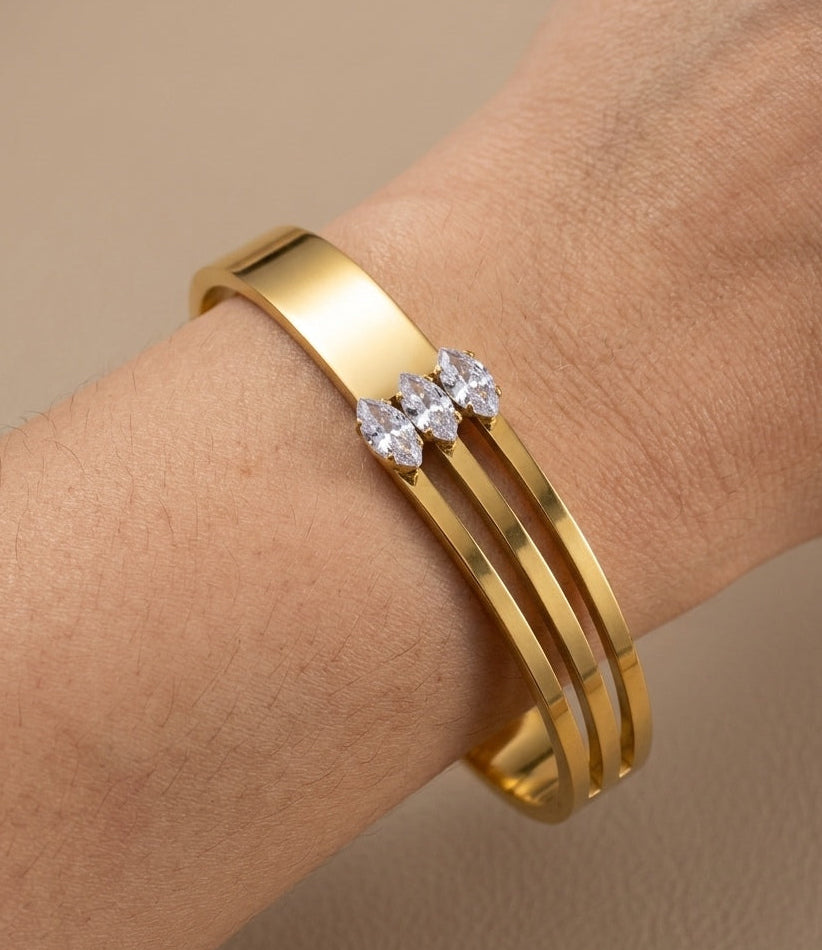 Anti Tarnish Triple Band Marquise Crystal Bracelet 18K Gold