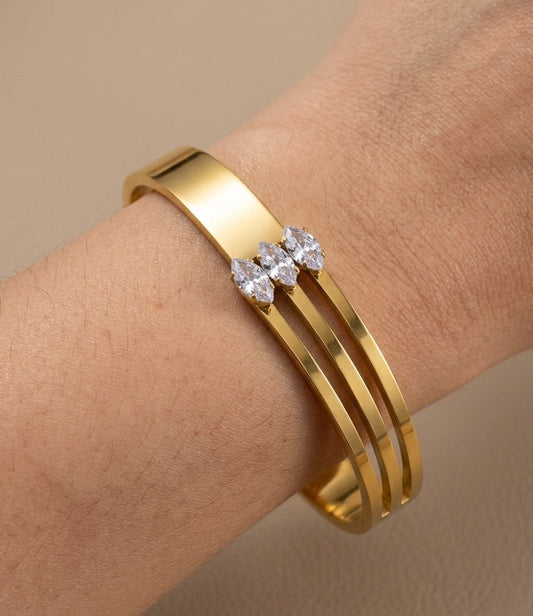 Anti Tarnish Triple Band Marquise Crystal Bracelet 18K Gold