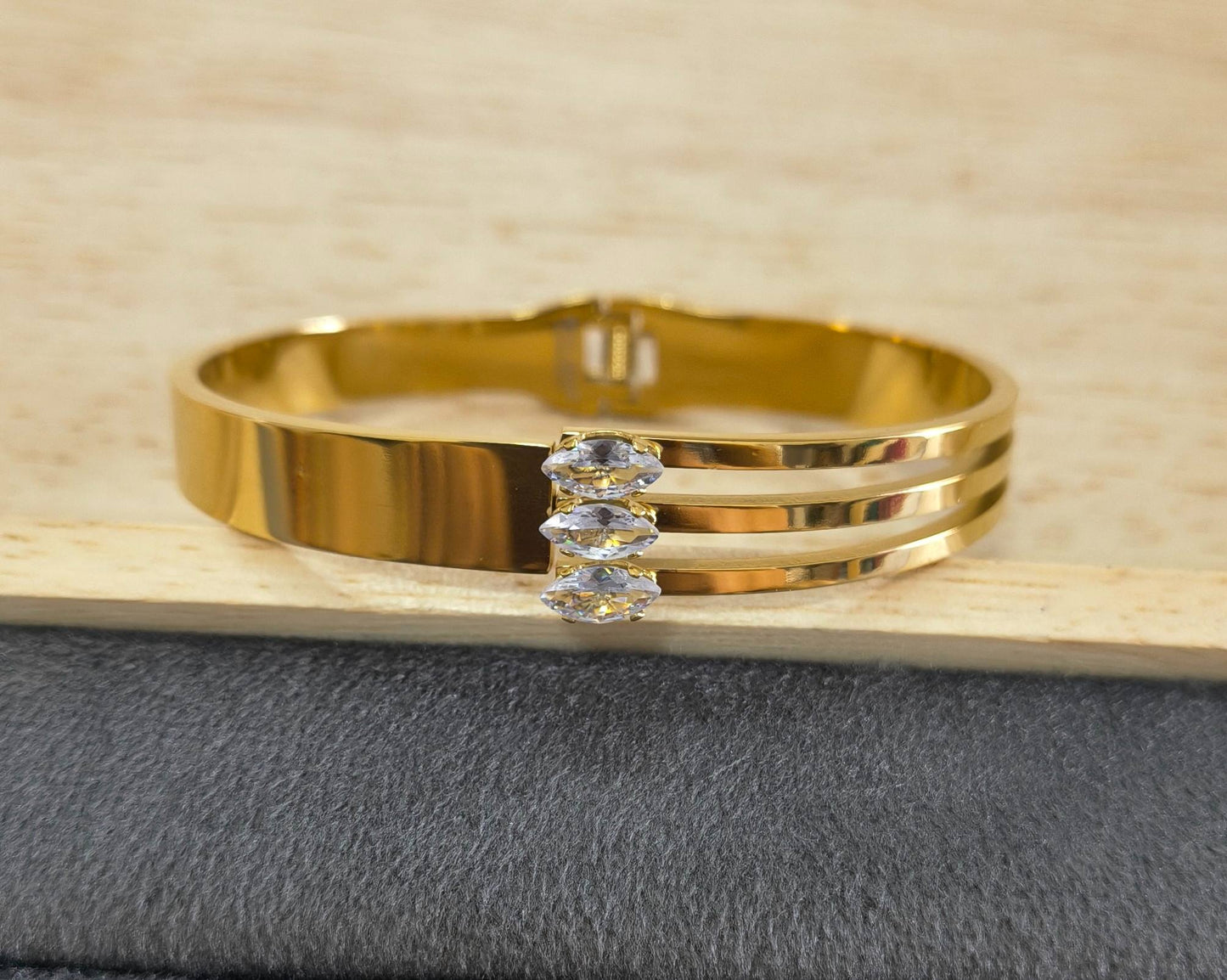 Anti Tarnish Triple Band Marquise Crystal Bracelet 18K Gold
