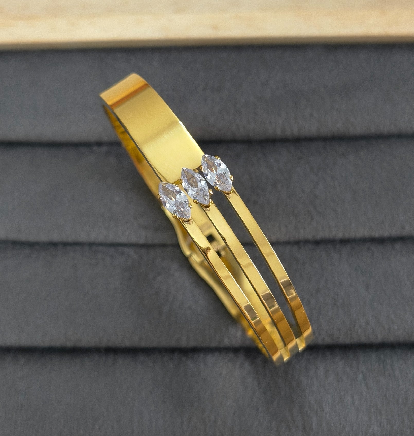 Anti Tarnish Triple Band Marquise Crystal Bracelet 18K Gold