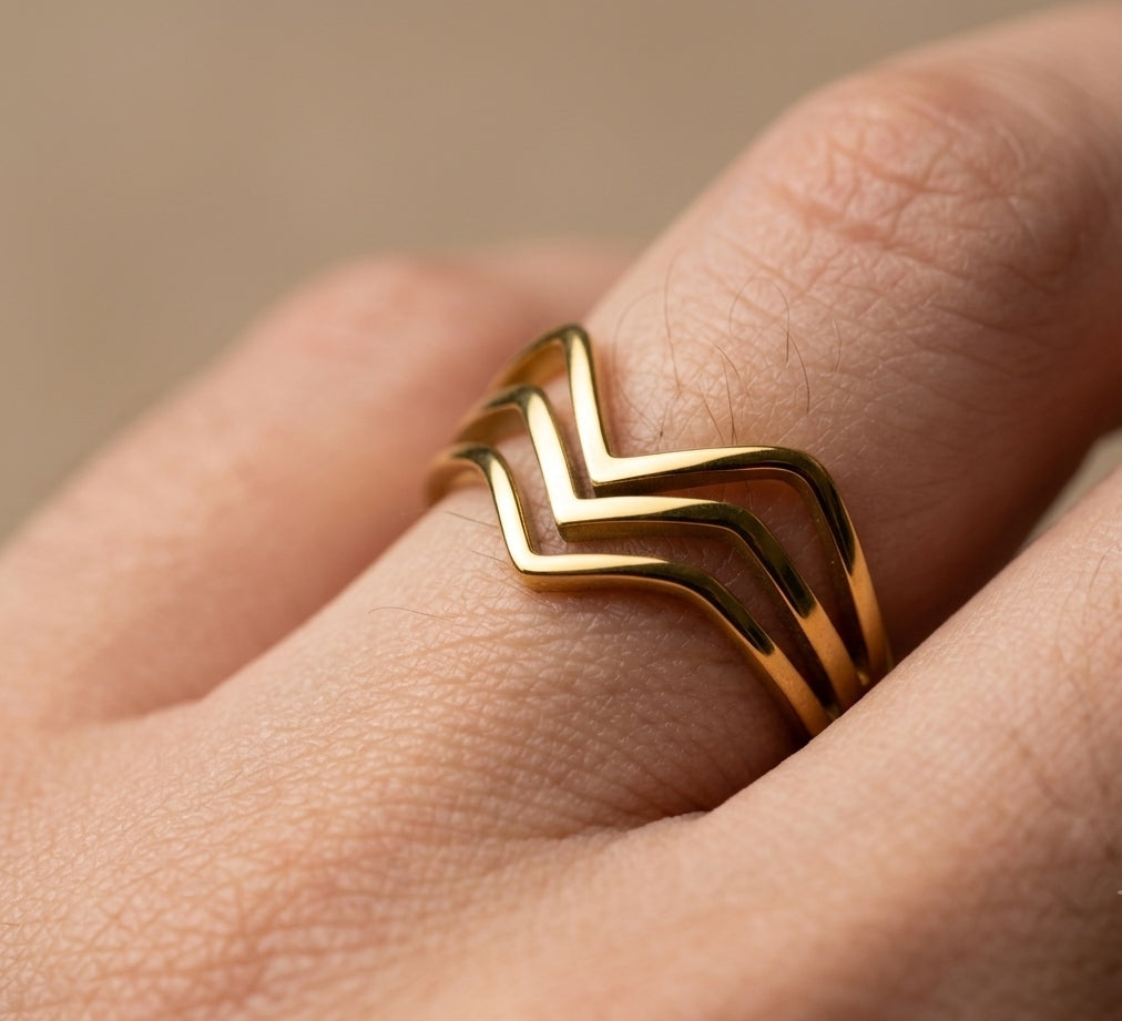 Anti Tarnish Triple Band V shape Ring 18K Gold Plated