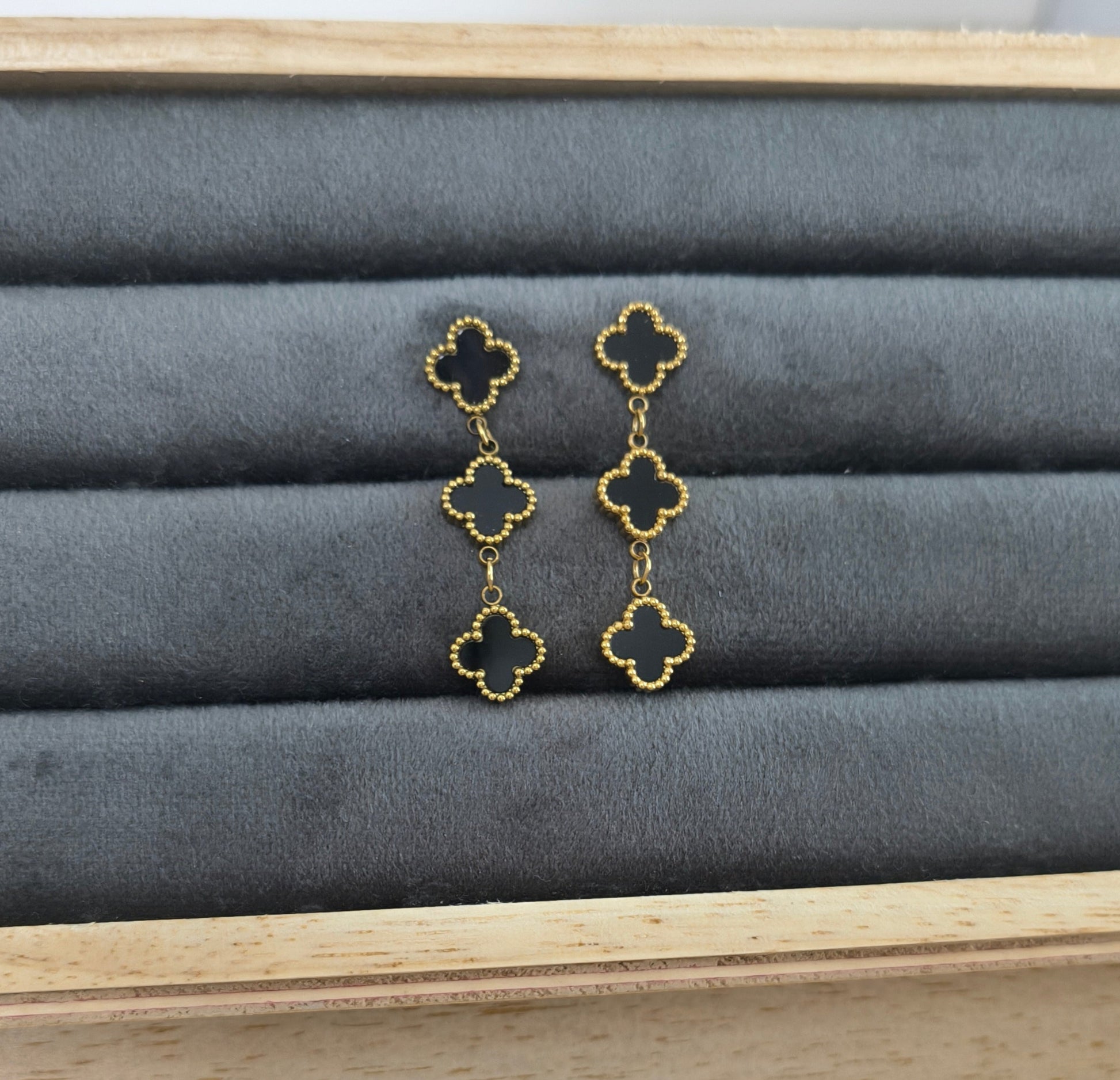 Anti Tarnish Triple Black Clover Gold Earrings 18K Gold Plated