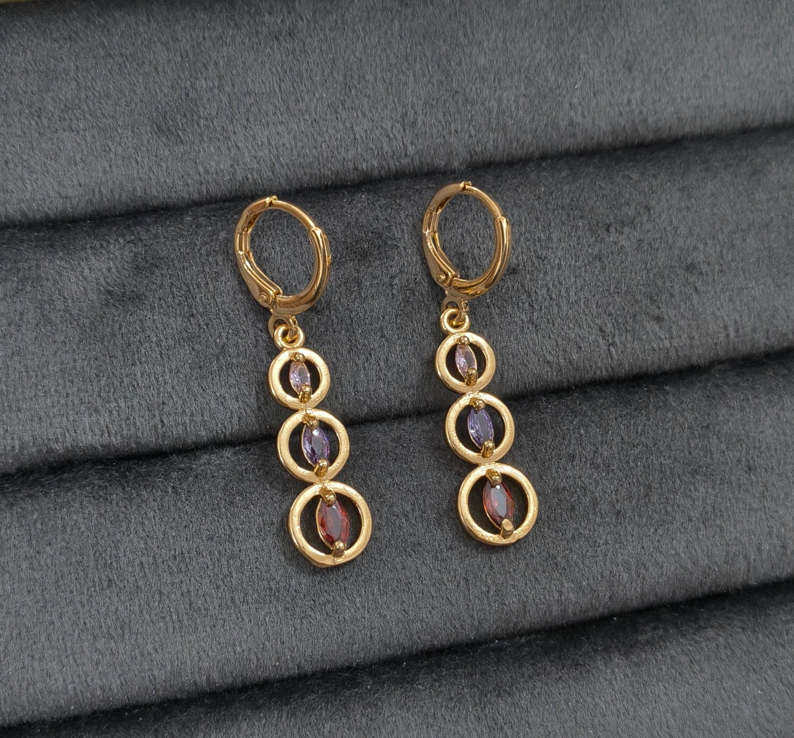 Anti Tarnish Triple Circle Gem Stone Studded Earrings