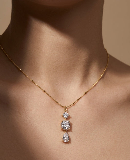 Anti Tarnish Triple Solitaire Drop Necklace 18K Gold Plated