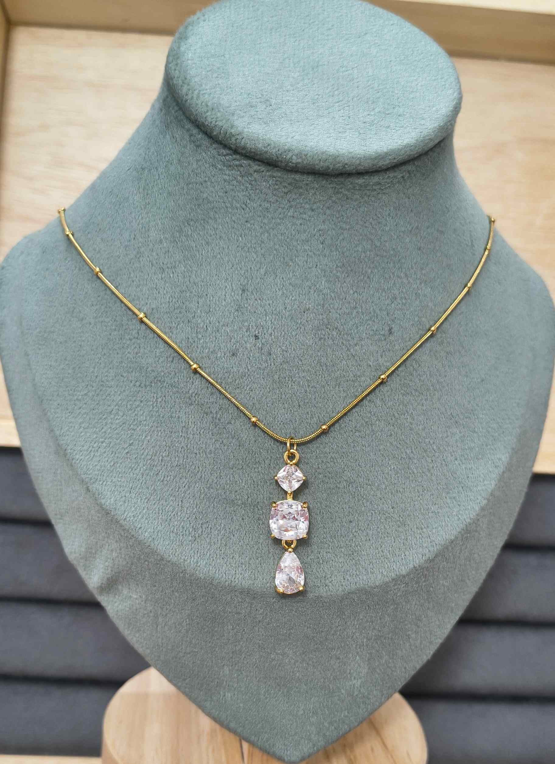 Anti Tarnish Triple Solitaire Drop Necklace 18K Gold Plated