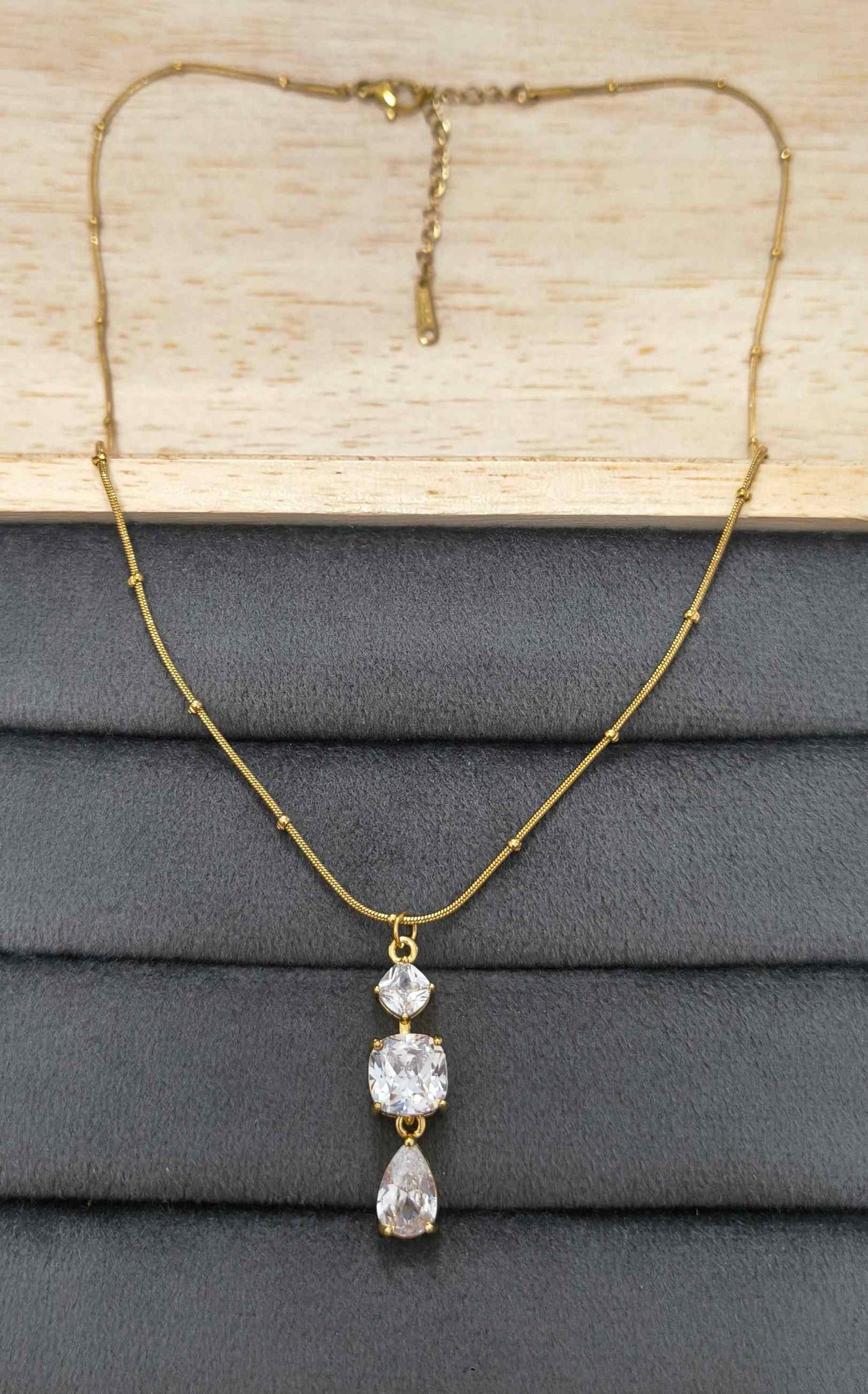 Anti Tarnish Triple Solitaire Drop Necklace 18K Gold Plated